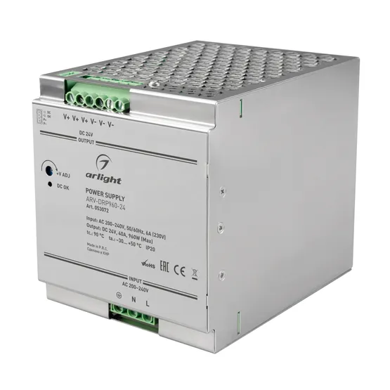 Фото товара Блок питания ARV-DRP960-24 (24V, 40A, 960W, PFC) (Arlight, IP20 Металл, 5 лет)