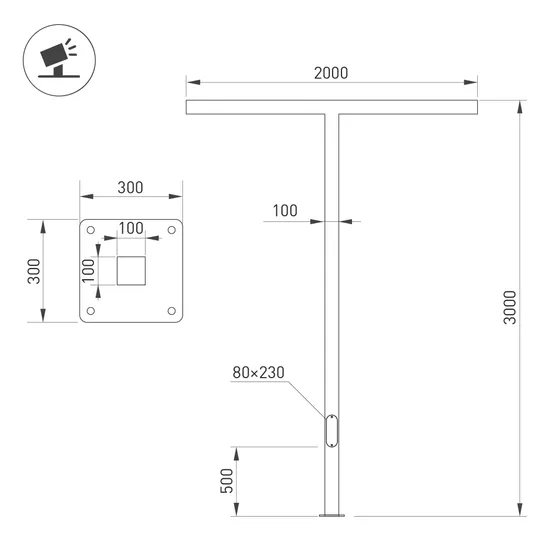 Фото #2 товара Опора OXOR-STER-T-2000x100x100-L3000-100W Warm3000 (BK, 230V) IP65 (Arlight, Сталь)